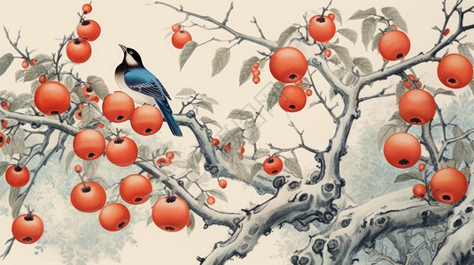 柿子树梢站在柿子树枝头上的小鸟水墨画中国风插画