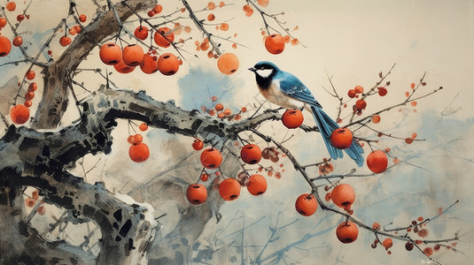 喜鹊卡通古风水墨画小鸟站在结满柿子树梢上插画