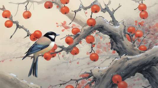 水墨画站在柿子树上的可爱的小鸟图片