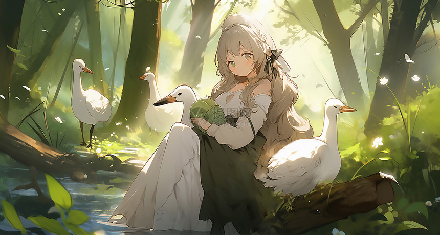 森林里放鹅的女孩图片