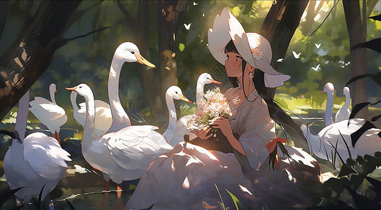 卡通森林里放鹅的女孩背景图片