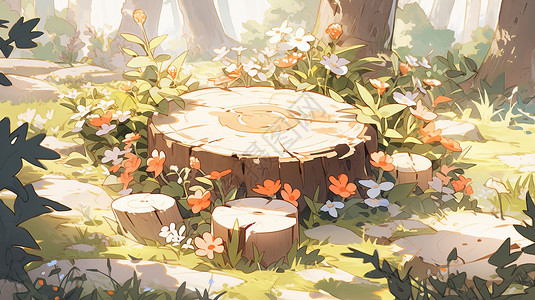 森林中长满可爱小野花的卡通树墩图片