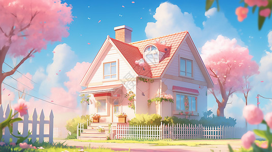 旅行别墅小房子卡通蓝天下的小房子插画
