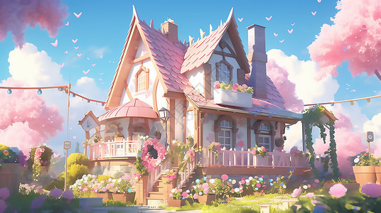 旅行别墅小房子白云下可爱的小房子插画