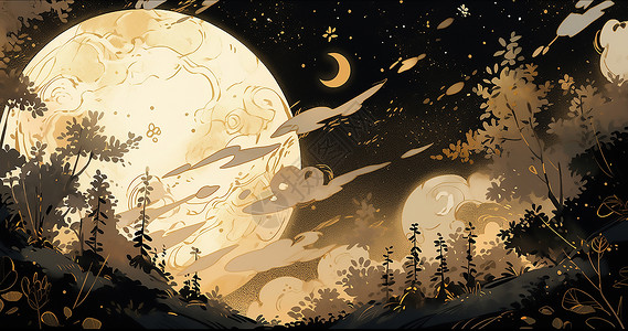 鎏金夜晚月亮插画背景图片