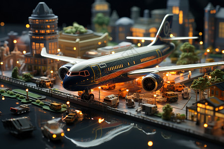 模型飞机素材3D迷你可爱的城市机场模型插画