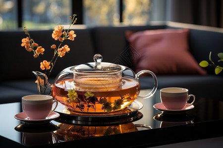 花茶茶杯精致下午茶花茶玻璃壶茶壶插画