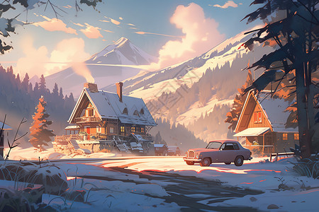 冬季雪山下的小村庄卡通漫画背景图片