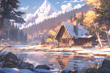 冬季雪山下的小村庄卡通插画图片