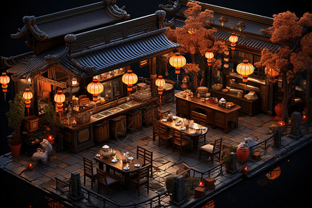 3D餐厅等距迷你古镇餐厅中国风建筑3D插画
