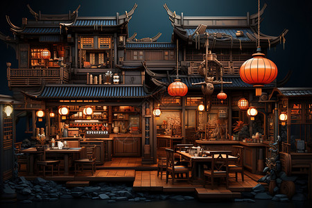 餐厅夜景等距迷你古镇餐厅中国3D建筑插画