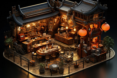 中国古镇夜景等距迷你古镇餐厅中国风3D建筑插画