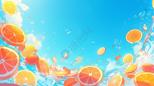 头埋进水里消暑梦幻小清新夏季水果橙子插画插画