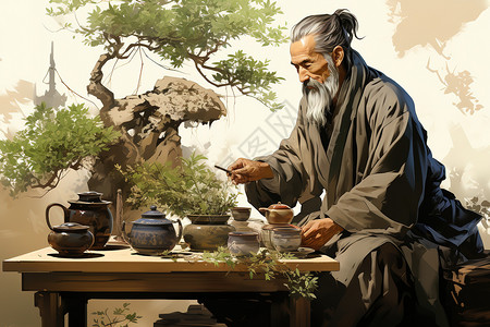 古法熬制中国古代大夫在熬制中草药插画