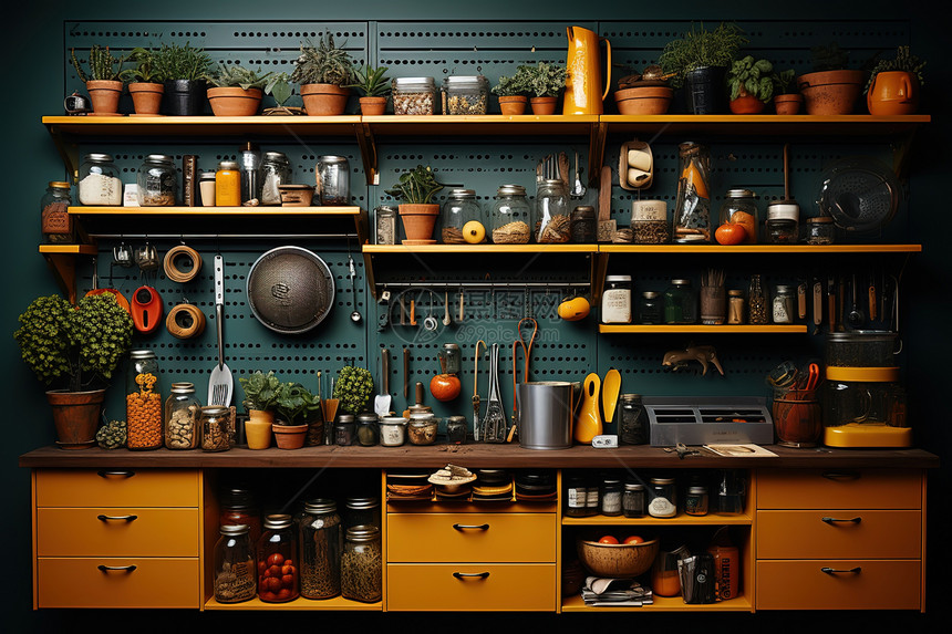 现代厨房摆放整齐的厨房用品图片