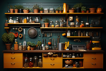 餐具创意摆放现代厨房摆放整齐的厨房用品插画