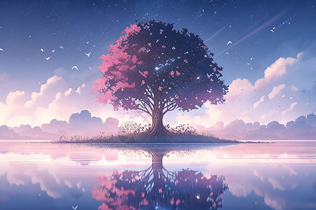 孤独的一棵树水中一棵树的梦幻漫画插画