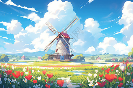 荷兰风景郁金香花海的荷兰大风车唯美漫画插画