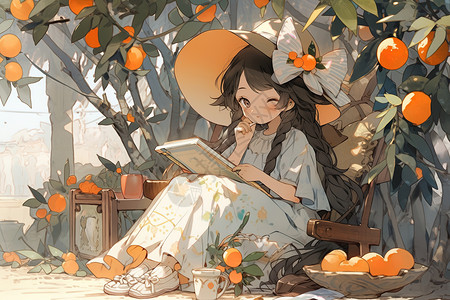 坐在橙子树下画画的女孩卡通插画高清图片