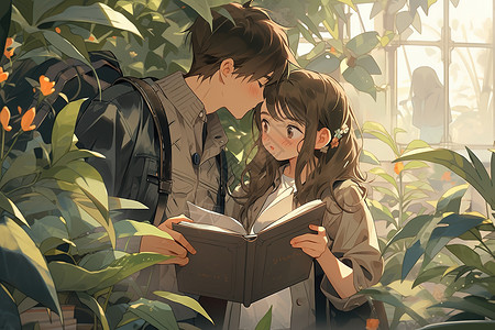 情侣一起看书学校里男孩和女孩一起看书插画