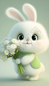 白色小花花束可爱兔子拿着小花插画