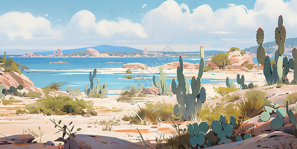 沙漠大海海边茂盛的植物插画