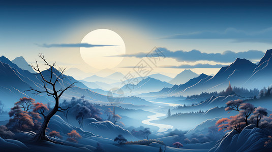 重重叠叠的山川与河流蓝色调卡通风景图片