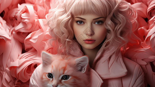 穿粉色衣服的外国女孩抱着一只猫图片