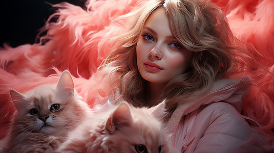 外国女人穿粉色衣服的外国女孩与两只猫插画
