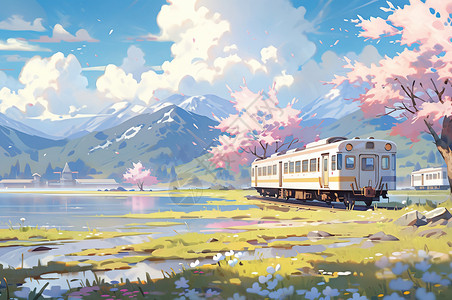二次元动漫樱花春天行驶在路上的列车插画