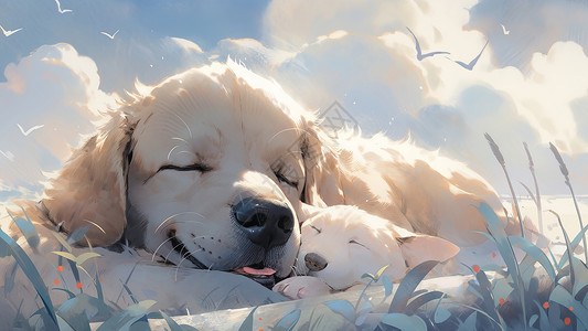 奶白色的卡通金毛与小狗趴在草丛中一起睡觉图片