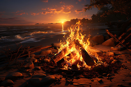 木火土金水夏日海边日落中的篝火插画