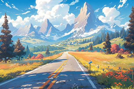 旅行路上一条蜿蜒的山路插画图片
