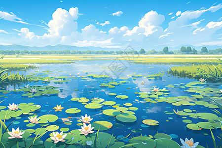 湿地荷花夏天盛开的荷花池小清新插画插画