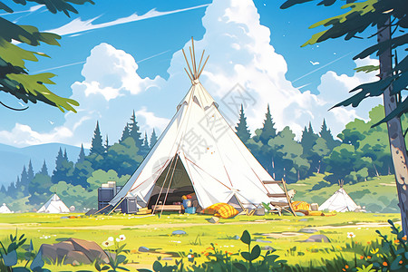 白色帐篷夏季旅行露营小清新插画插画