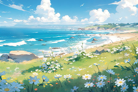 蓝色夏天平静海洋蓝色天空治愈风景插画