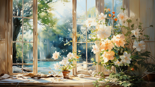 美丽的盆栽花朵放在超大的窗子前卡通小清新风景背景图片