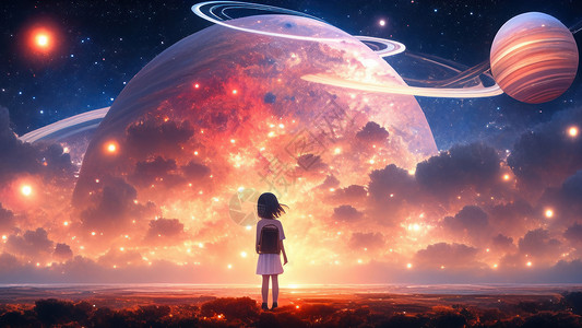 卡通小女孩背着站在巨大的星球前背影高清图片