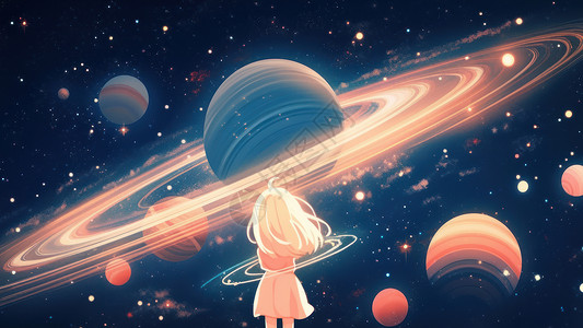 梦幻站在星系太空中的卡通女孩背景图片