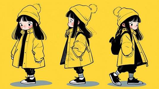 可爱的黑色长发卡通小女孩穿黄色大衣图片