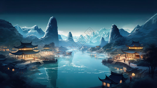 中式建筑湖泊背景图片