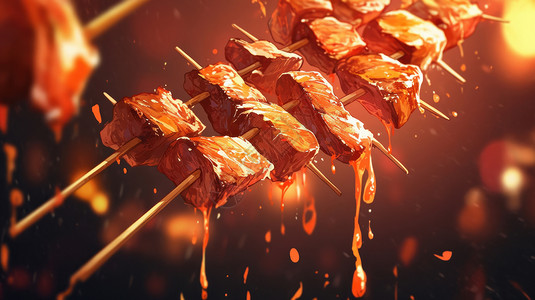 美味多汁诱人的烤肉串卡通美食背景图片