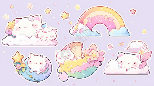 星星与小猫紫色卡通背景萌萌的小猫与可爱彩虹插画