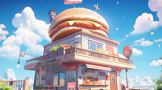 蓝天白云下的卡通汉堡快餐店图片