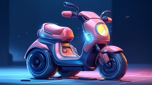 摩托车灯粉色时尚亮着灯的立体卡通三轮车插画