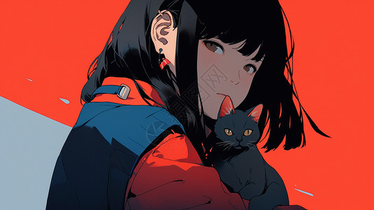 红色背景时尚的卡通女孩抱着一只黑色猫图片