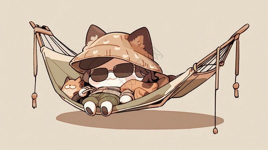 卡通休闲帽子躺在吊床上戴着帽子和眼镜休闲的卡通猫插画