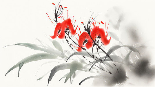 水墨画优雅的红色花朵植物图片