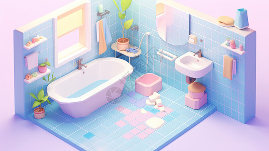 可爱的立体卡通浴室蓝色调背景图片