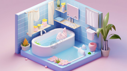 有浴缸和泳池的立体卡通小清新浴室图片